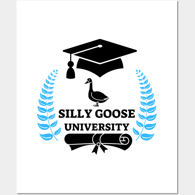 Silly Goose University - Standing Goose Black Design With Blue Details Wall Art by Double E Design